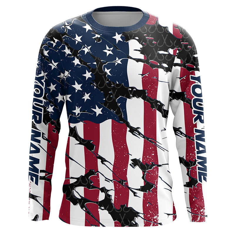 Personalized American Flag Long Sleeve Fishing Uv Protection, Patriotic Fishing Apparel