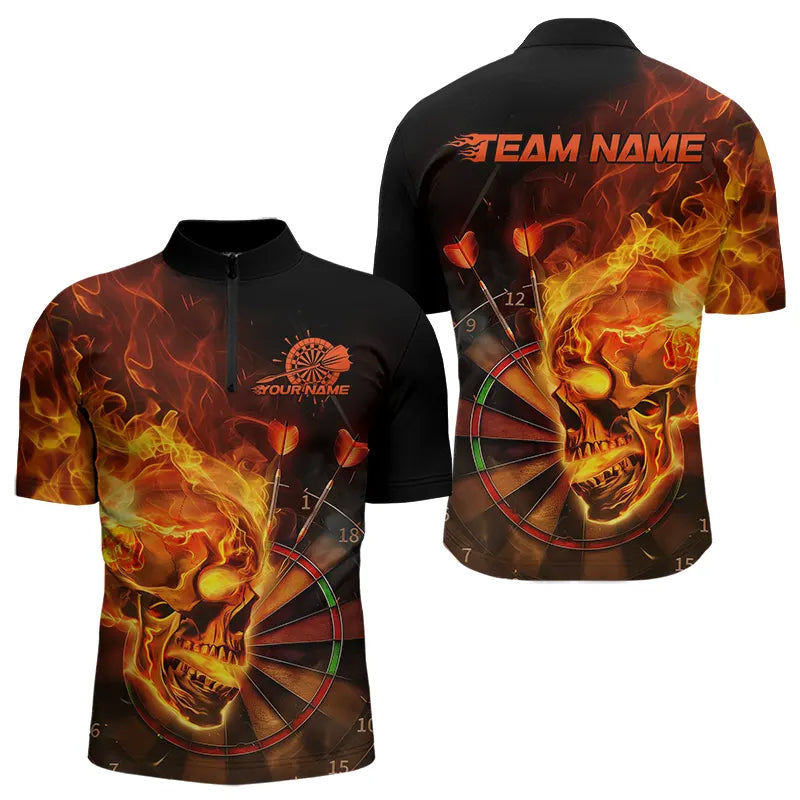 Custom Black And Orange Flame Skull Dart Quarter-Zip, Fire Dart Bowling Team