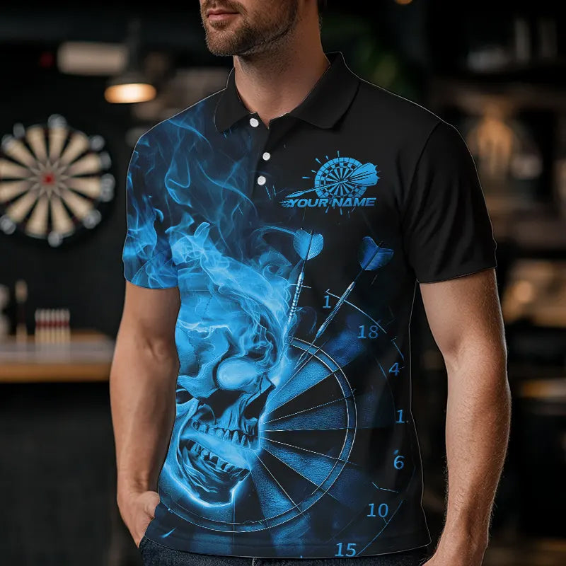 Custom Black And Blue Flame Skull Dart Quarter-Zip, Fire Dart Bowling Team