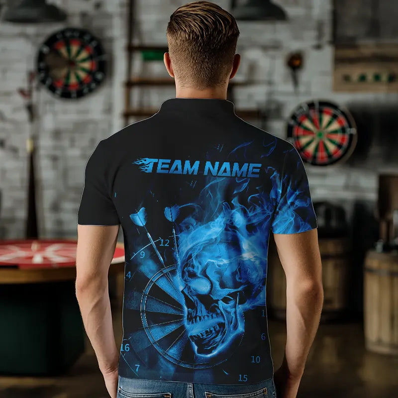 Custom Black And Blue Flame Skull Dart Quarter-Zip, Fire Dart Bowling Team