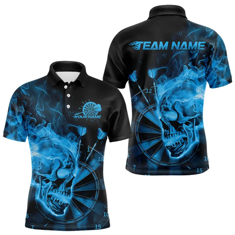 Custom Black And Blue Flame Skull Dart Quarter-Zip, Fire Dart Bowling Team