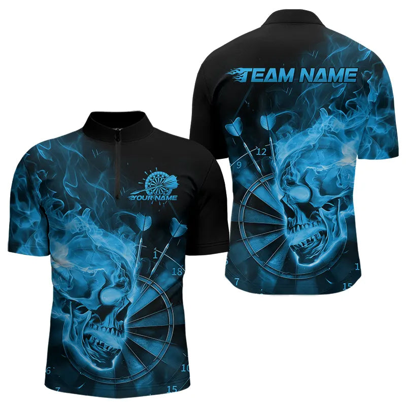 Custom Black And Blue Flame Skull Dart Quarter-Zip, Fire Dart Bowling Team