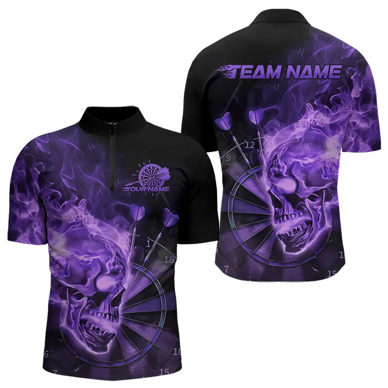 Custom Black And Purple Flame Skull Dart Quarter-Zip, Fire Dart Bowling Team