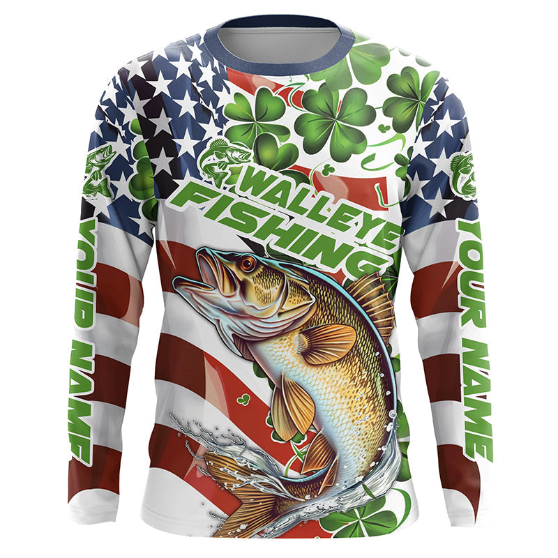 Personalized St Patrick'S Day Walleye Long Sleeve Fishing, Patriotic Walleye Fishing