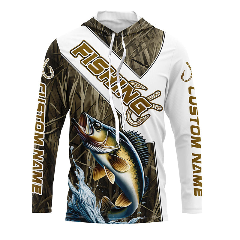 Walleye Fishing Fish Hook Custom Long Sleeve, Walleye Fishing Gifts | Grass Camo