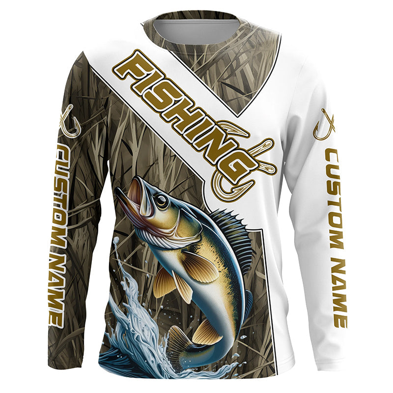 Walleye Fishing Fish Hook Custom Long Sleeve, Walleye Fishing Gifts | Grass Camo