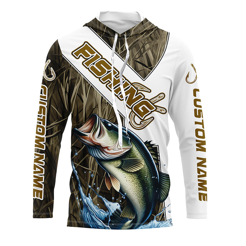 Largemouth Bass Fishing Fish Hook Custom Long Sleeve, Bass Fishing Gifts | Grass Camo