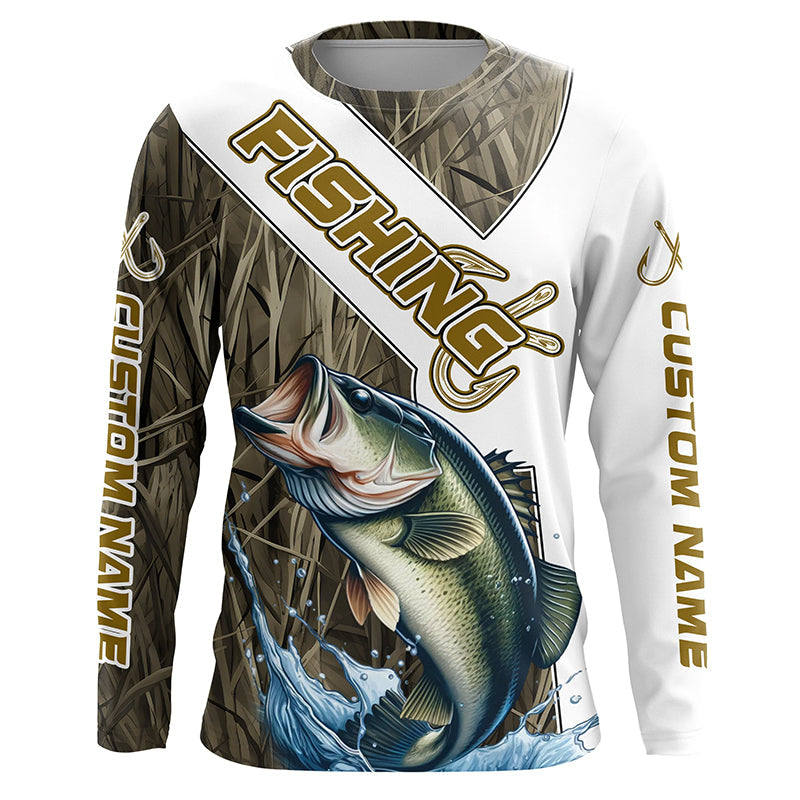 Largemouth Bass Fishing Fish Hook Custom Long Sleeve, Bass Fishing Gifts | Grass Camo