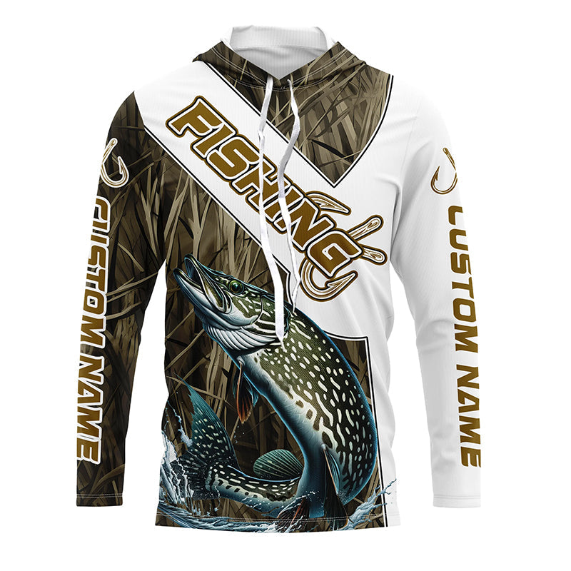 Pike Fishing Fish Hook Custom Long Sleeve, Pike Fishing Gifts | Grass Camo