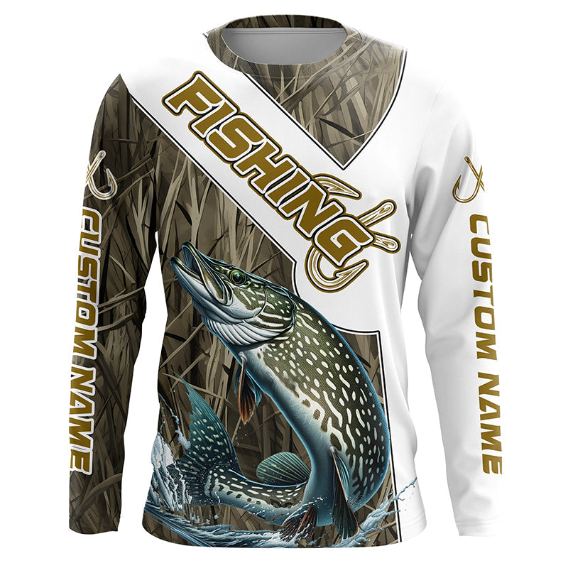 Pike Fishing Fish Hook Custom Long Sleeve, Pike Fishing Gifts | Grass Camo