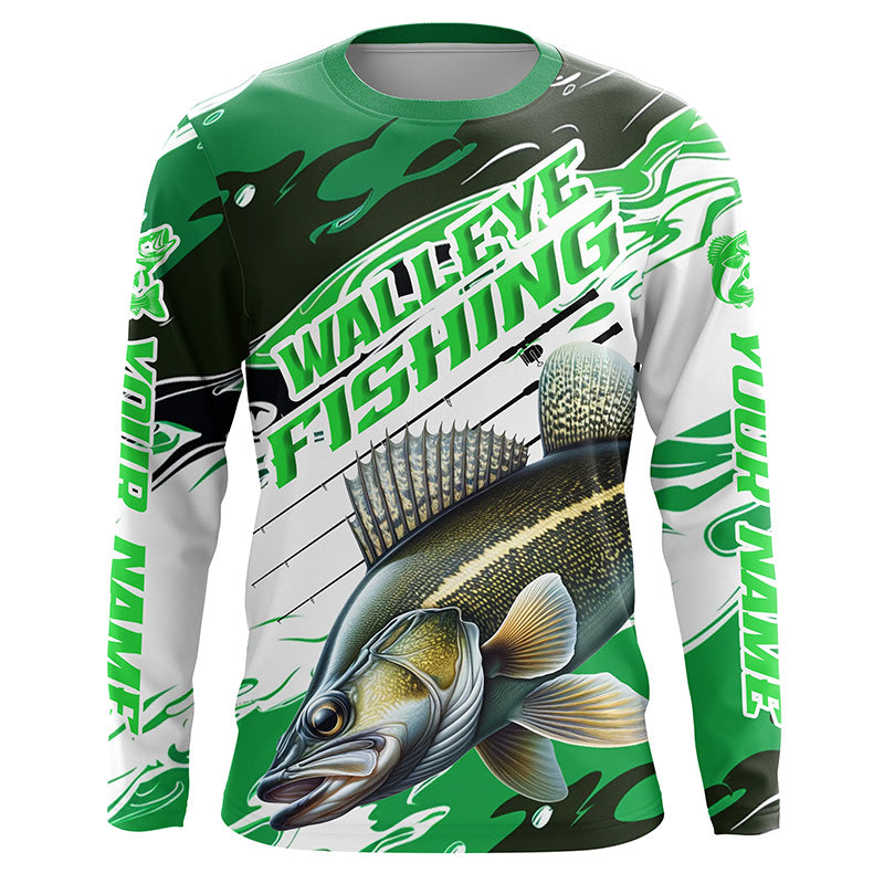 Custom Walleye Fishing Tournament, Walleye Long Sleeve Camo Fishing | Green