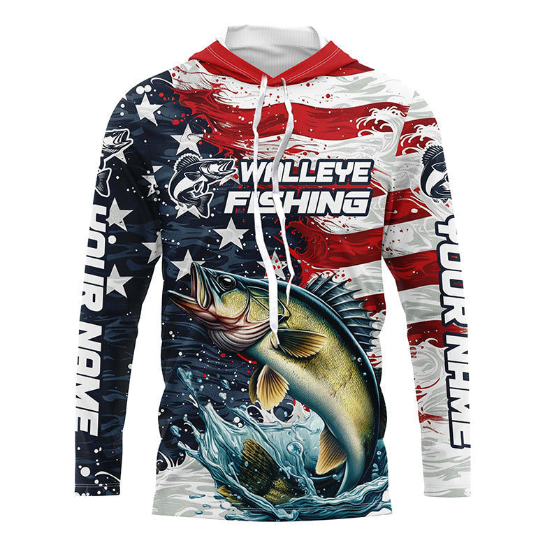 Custom Walleye Fishing American Flag Long Sleeve Fishing, Patriotic Walleye Fishing