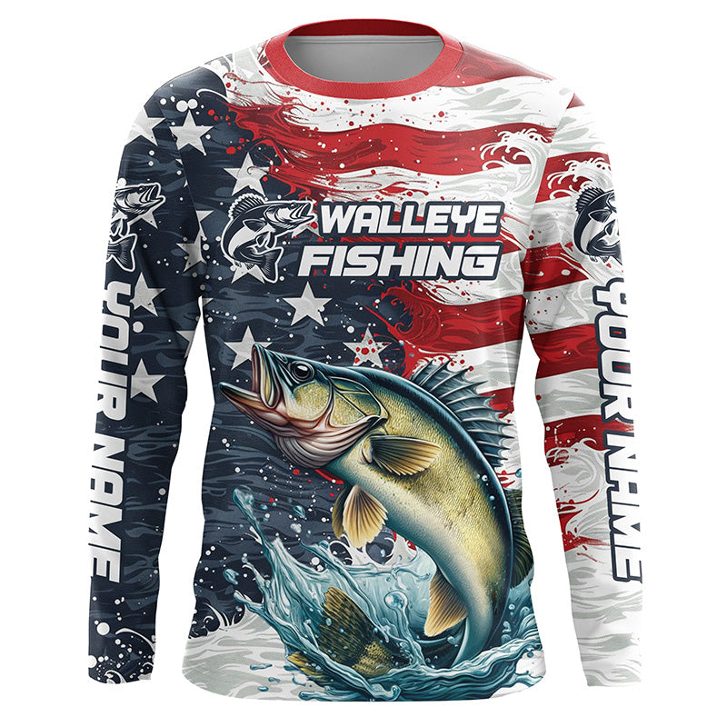 Custom Walleye Fishing American Flag Long Sleeve Fishing, Patriotic Walleye Fishing