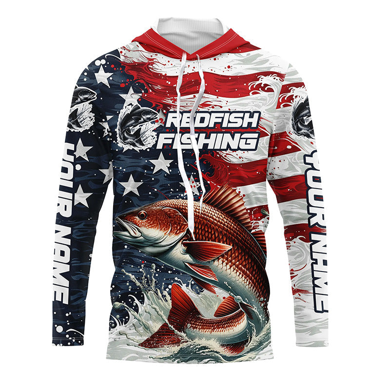 Custom Redfish Fishing American Flag Long Sleeve Fishing, Patriotic Redfish Fishing