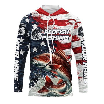 Custom Redfish Fishing American Flag Long Sleeve Fishing, Patriotic Redfish Fishing