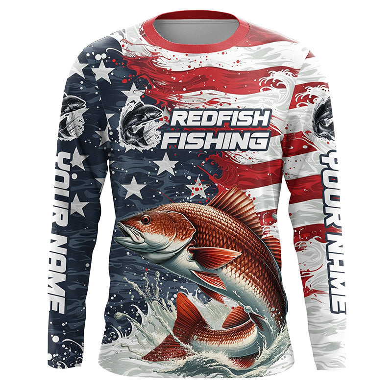 Custom Redfish Fishing American Flag Long Sleeve Fishing, Patriotic Redfish Fishing