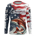 Custom Redfish Fishing American Flag Long Sleeve Fishing, Patriotic Redfish Fishing
