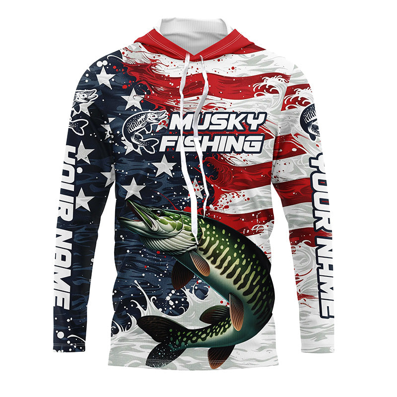 Custom Musky Fishing American Flag Long Sleeve Fishing, Patriotic Musky Fishing