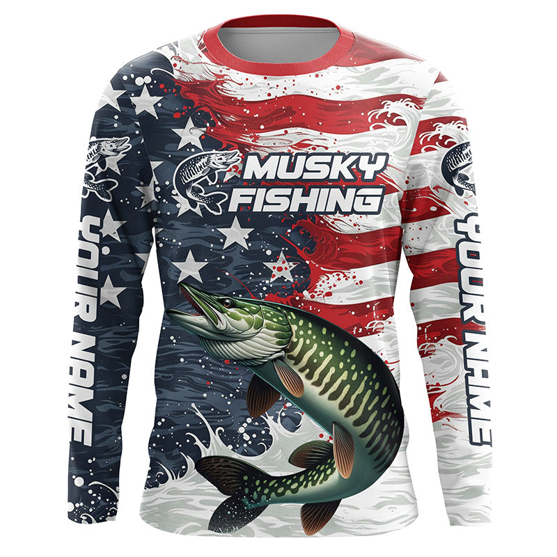 Custom Musky Fishing American Flag Long Sleeve Fishing, Patriotic Musky Fishing