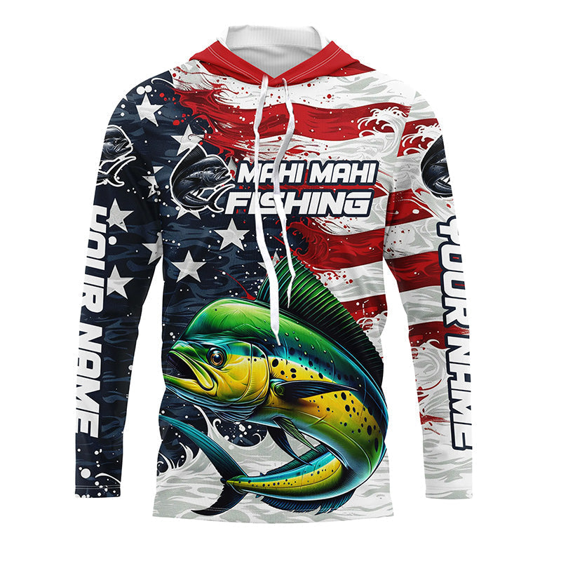Custom Mahi Mahi Fishing American Flag Long Sleeve Fishing, Patriotic Mahi Fishing