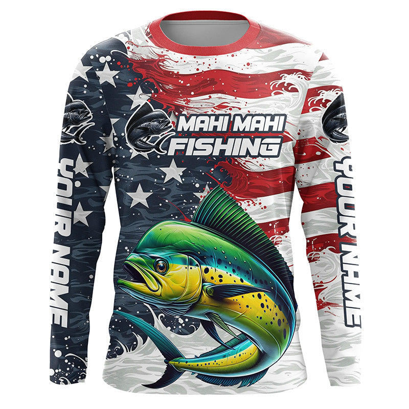 Custom Mahi Mahi Fishing American Flag Long Sleeve Fishing, Patriotic Mahi Fishing