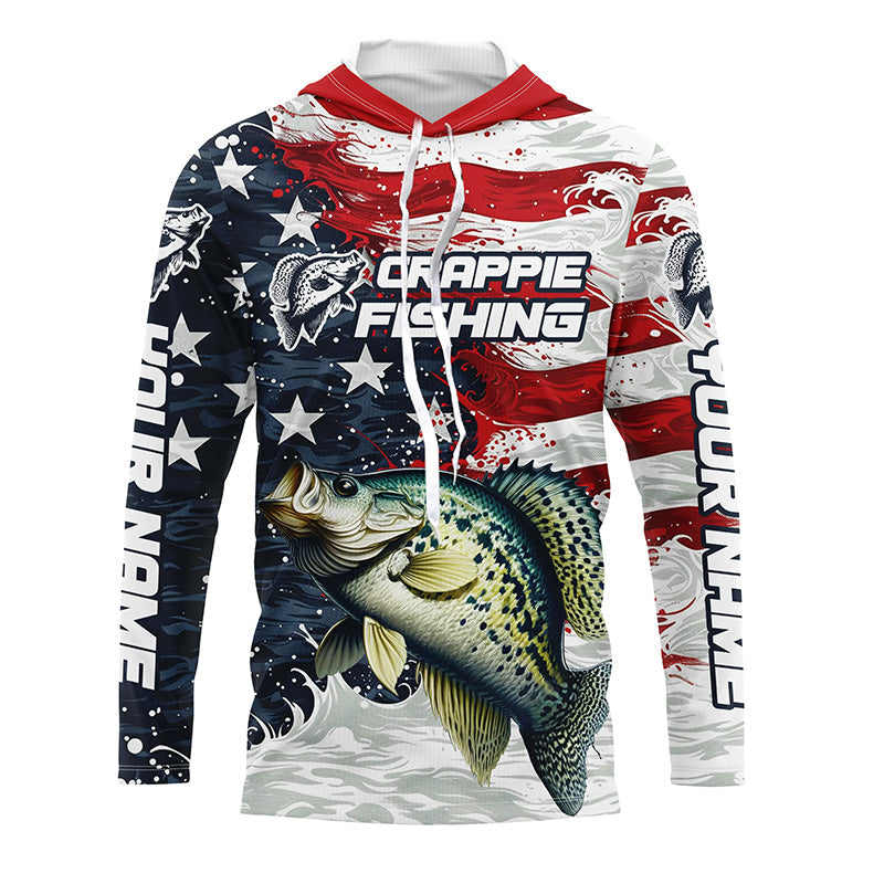 Custom Crappie Fishing American Flag Long Sleeve Fishing, Patriotic Crappie Fishing