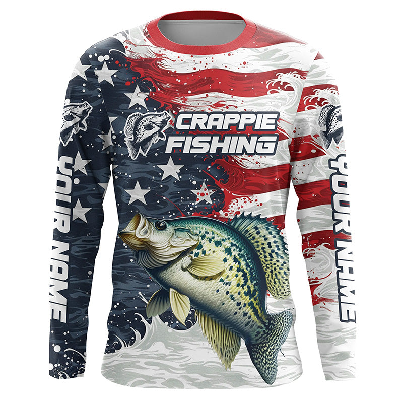 Custom Crappie Fishing American Flag Long Sleeve Fishing, Patriotic Crappie Fishing