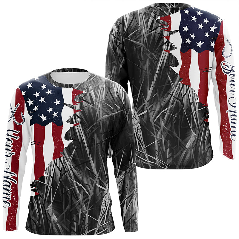 Custom Patriotic Camouflage Long Sleeve Fishing, Personalized Fishing | Gray Camo