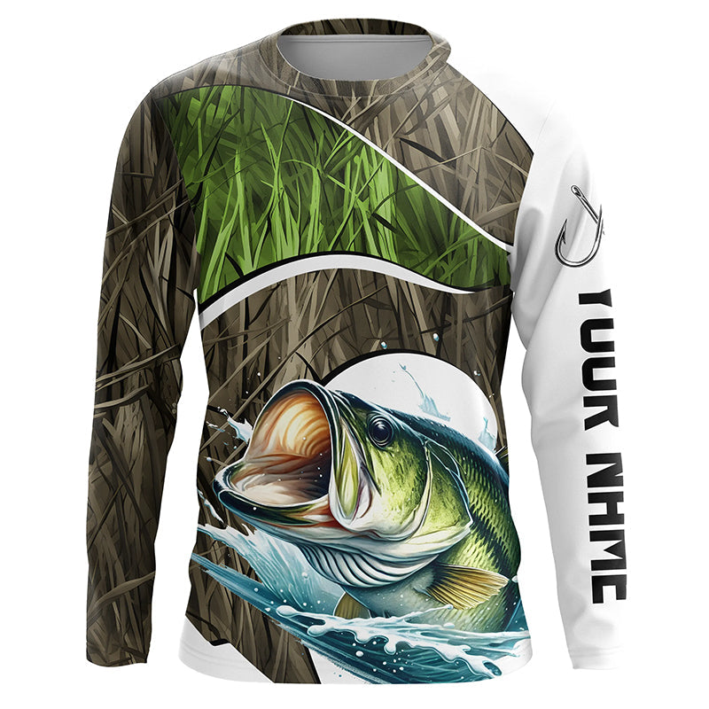 Personalized Largemouth Bass Fishing Camo Long Sleeve Fishing, Bass Fishing