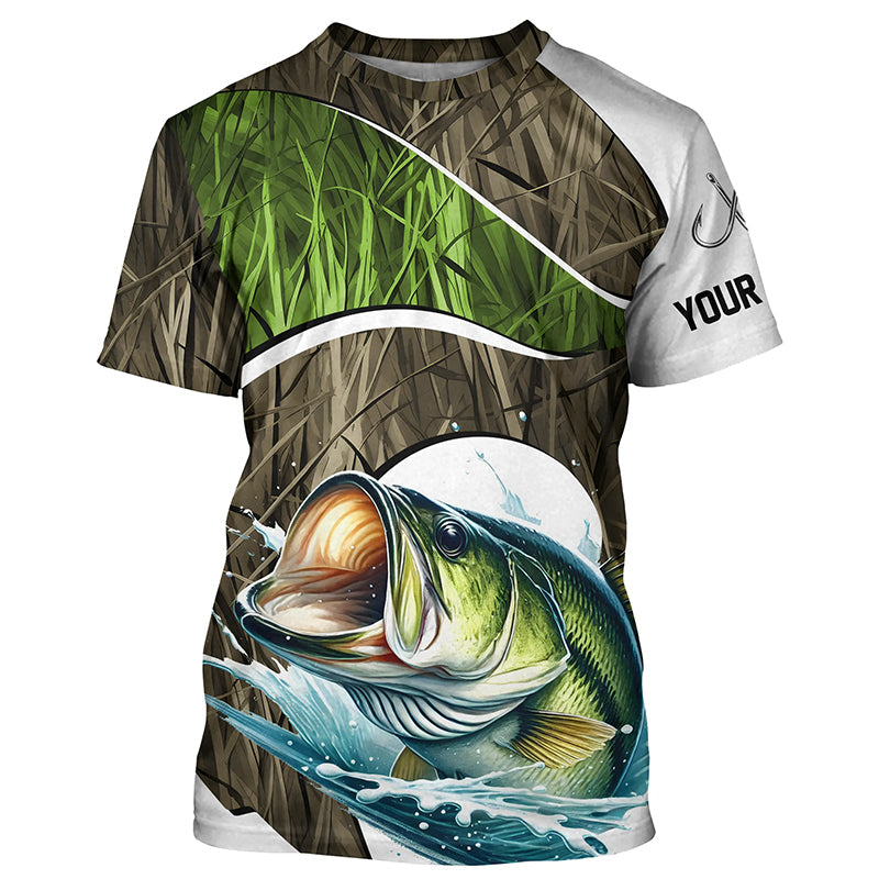 Personalized Largemouth Bass Fishing Camo Long Sleeve Fishing, Bass Fishing