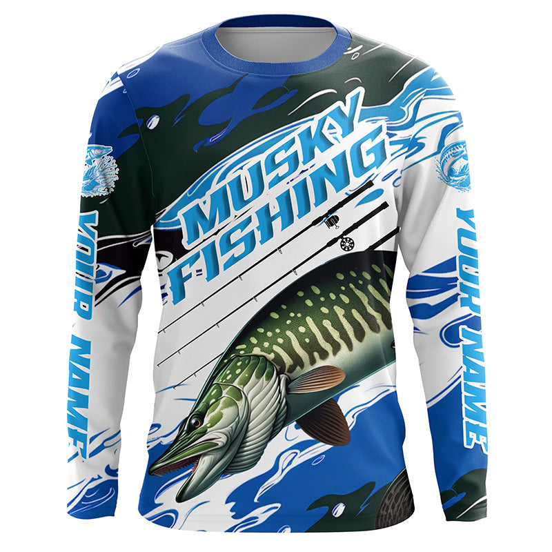 Custom Musky Fishing, Muskie Long Sleeve Tournament Fishing | Blue Camo