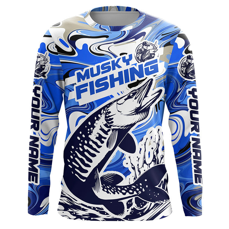 Custom Musky Long Sleeve Tournament Fishing, Water Camo Muskie Fishing | Blue