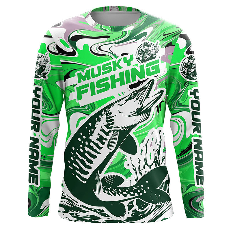 Custom Musky Long Sleeve Tournament Fishing, Water Camo Muskie Fishing | Green