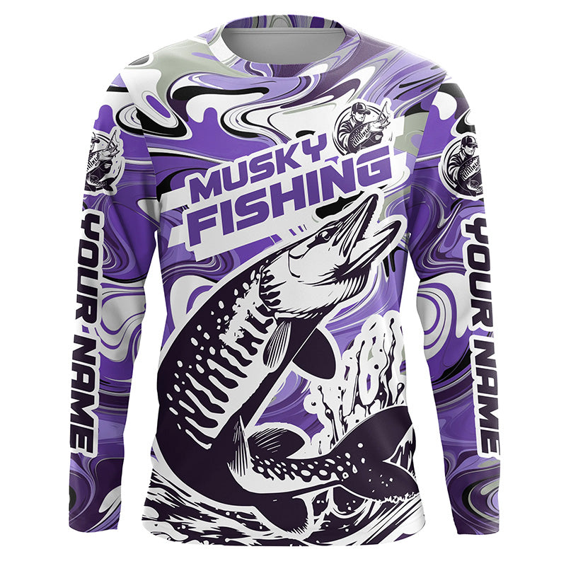 Custom Musky Long Sleeve Tournament Fishing, Water Camo Muskie Fishing | Purple