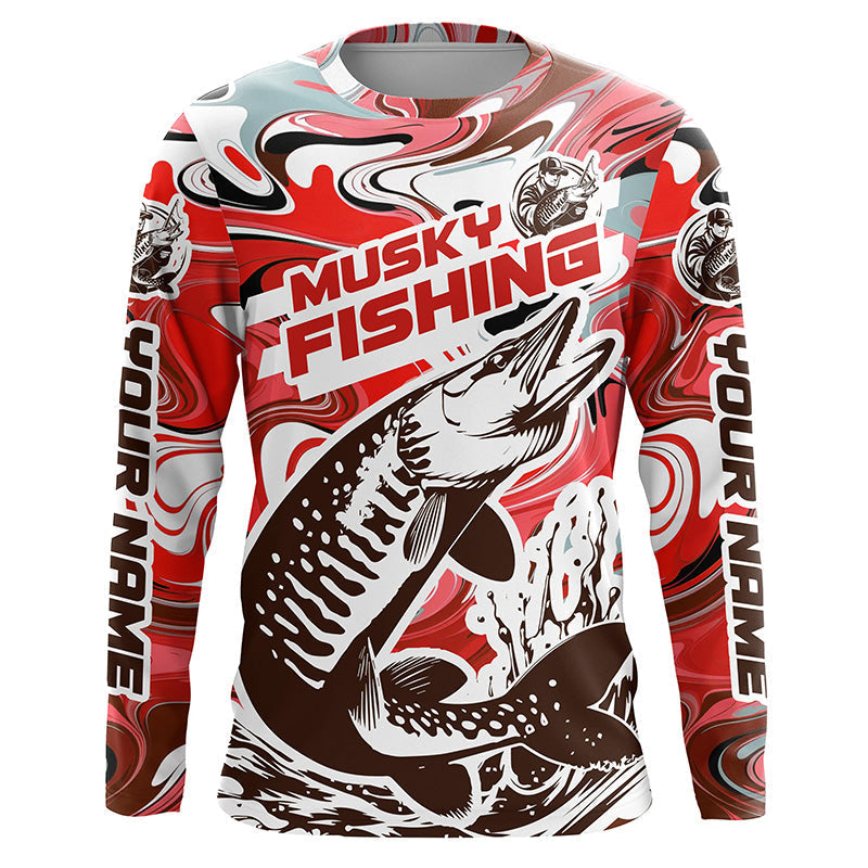 Custom Musky Long Sleeve Tournament Fishing, Water Camo Muskie Fishing | Red