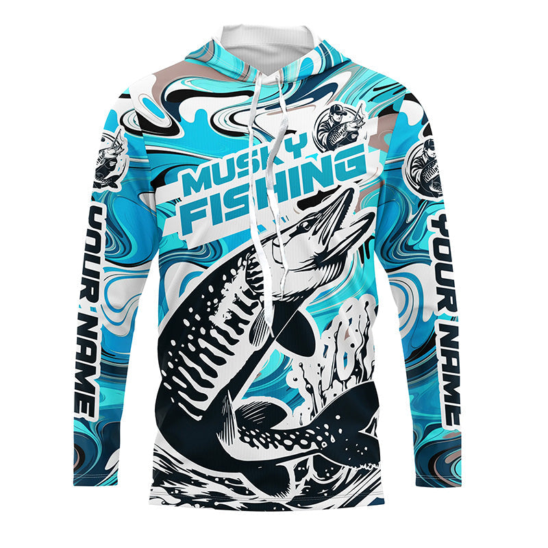 Custom Musky Long Sleeve Tournament Fishing, Water Camo Muskie Fishing | Teal Blue