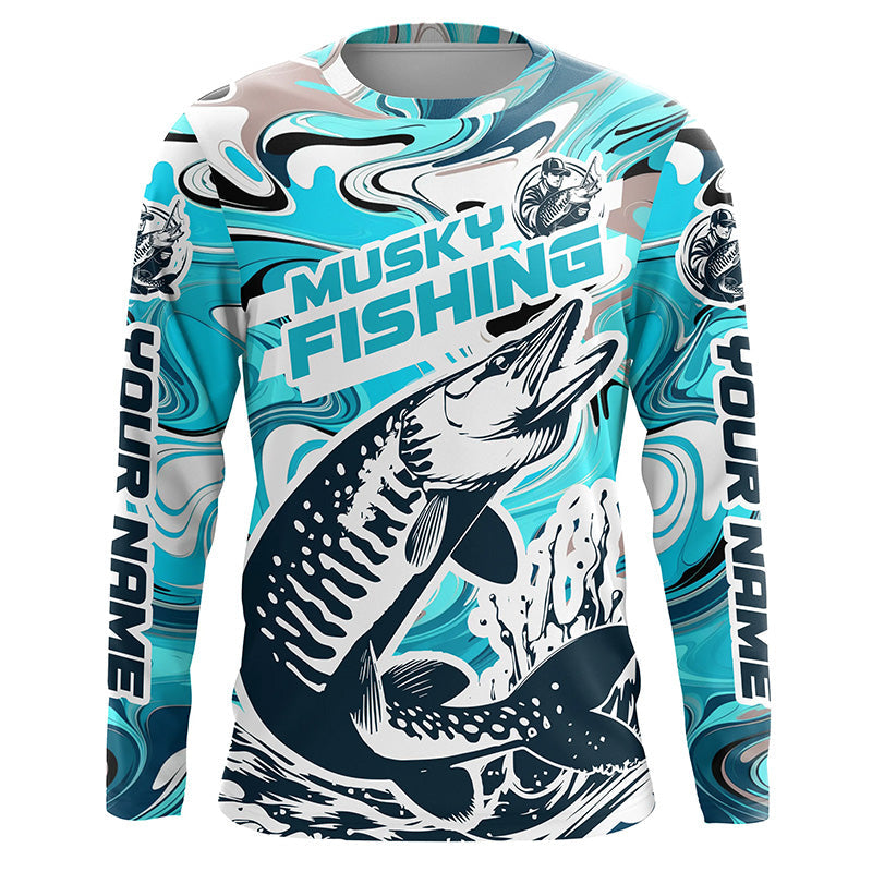 Custom Musky Long Sleeve Tournament Fishing, Water Camo Muskie Fishing | Teal Blue