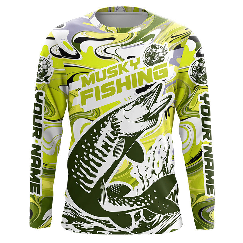 Custom Musky Long Sleeve Tournament Fishing, Water Camo Muskie Fishing | Yellow