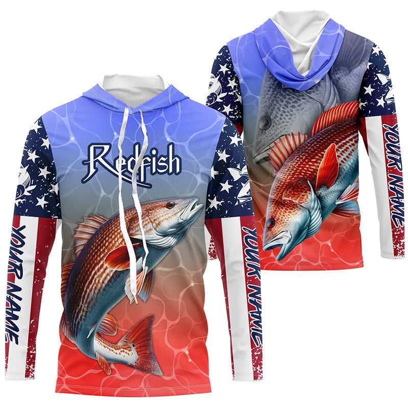 Custom Redfish Puppy Drum American Flag Long Sleeve Fishing, Patriotic Fishing Gifts