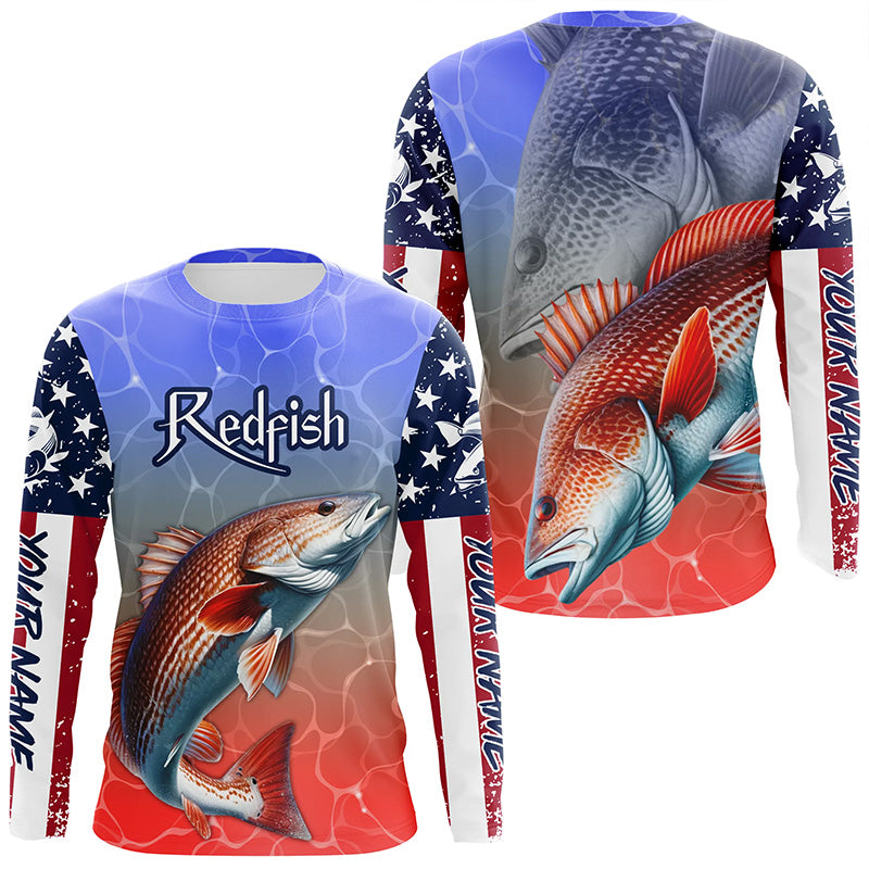 Custom Redfish Puppy Drum American Flag Long Sleeve Fishing, Patriotic Fishing Gifts