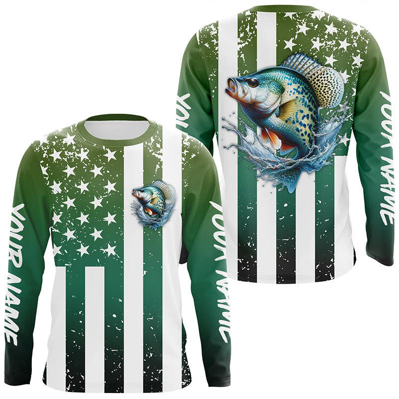 Custom Crappie Long Sleeve Tournament Fishing, Grunge American Flag Patriotic Fishing