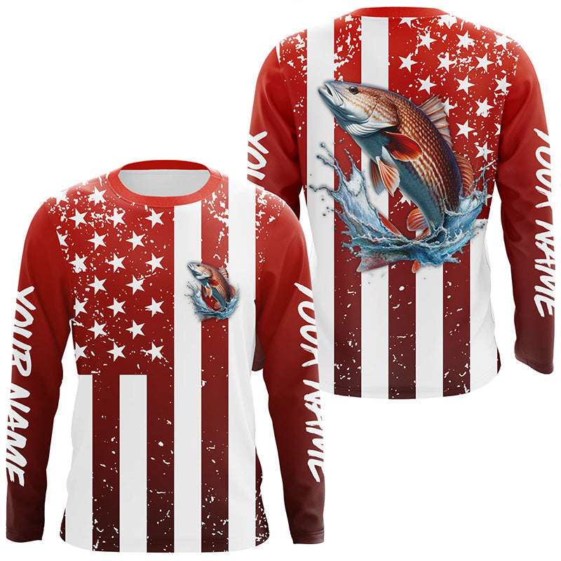 Custom Redfish Long Sleeve Tournament Fishing, Grunge American Flag Patriotic Fishing