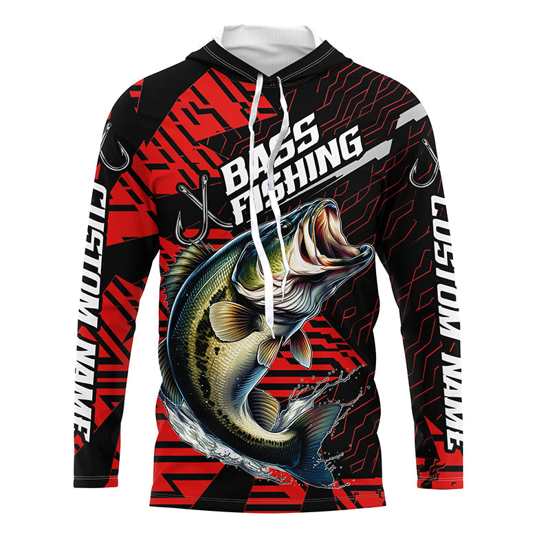Black And Red Custom Bass Fishing, Largemouth Bass Long Sleeve Tournament Fishing