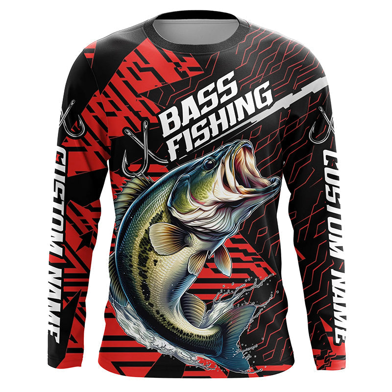 Black And Red Custom Bass Fishing, Largemouth Bass Long Sleeve Tournament Fishing