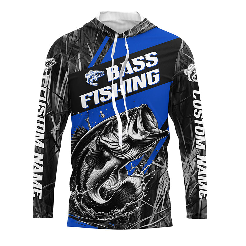 Black And Blue Camo Bass Long Sleeve Tournament Fishing, Custom Bass Fishing