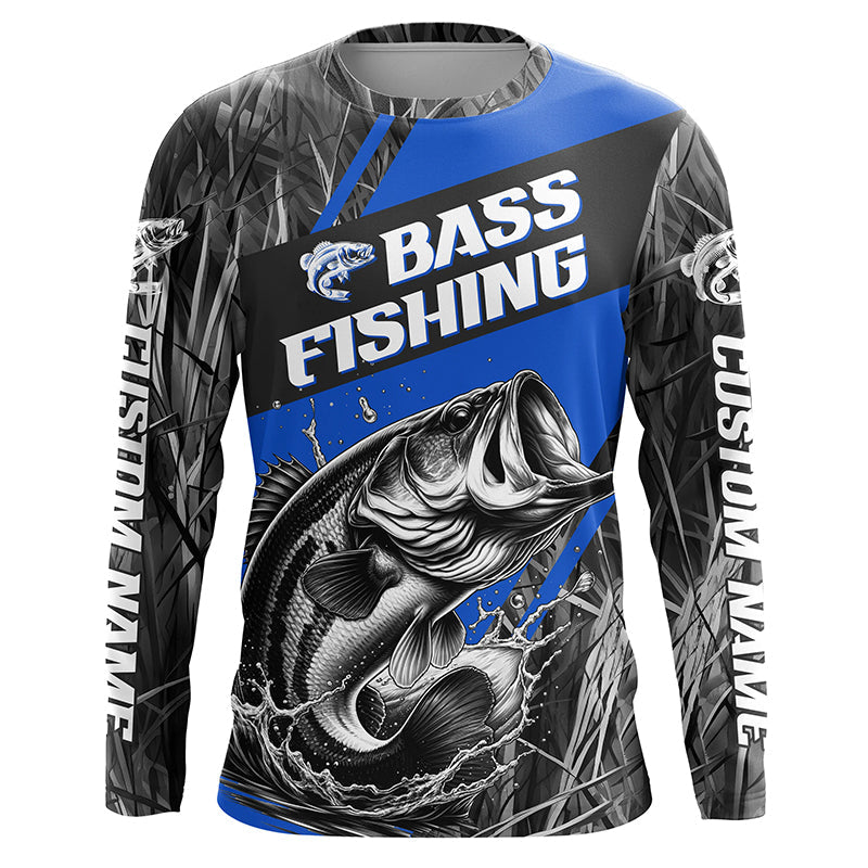 Black And Blue Camo Bass Long Sleeve Tournament Fishing, Custom Bass Fishing
