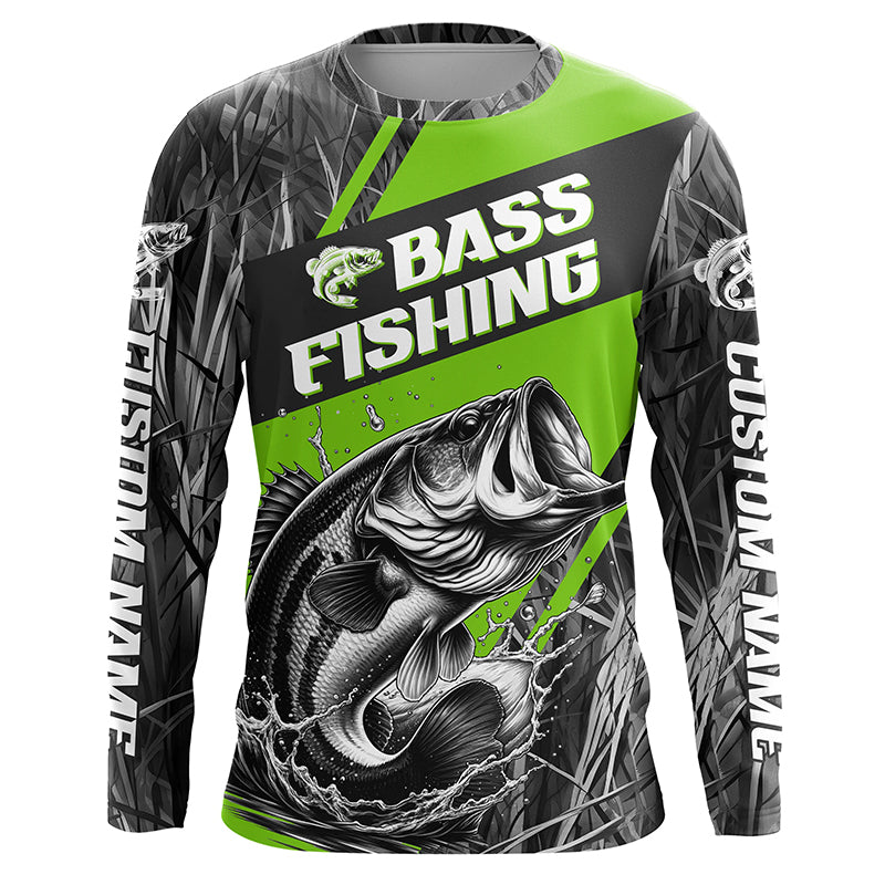Black And Green Camo Bass Long Sleeve Tournament Fishing, Custom Bass Fishing