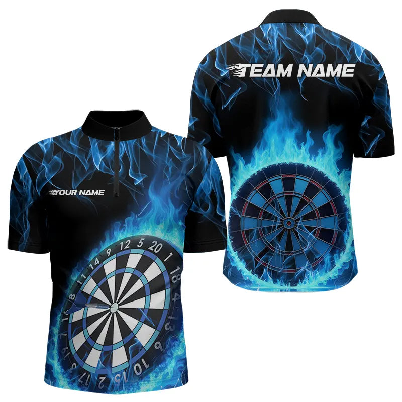 Custom Black And Blue Fire Flame Dartboard Dart Quarter-Zip, Dart Tournament