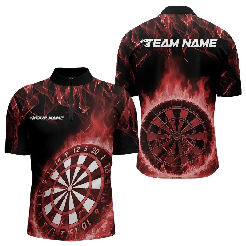 Custom Black And Red Fire Flame Dartboard Dart Quarter-Zip, Dart Tournament