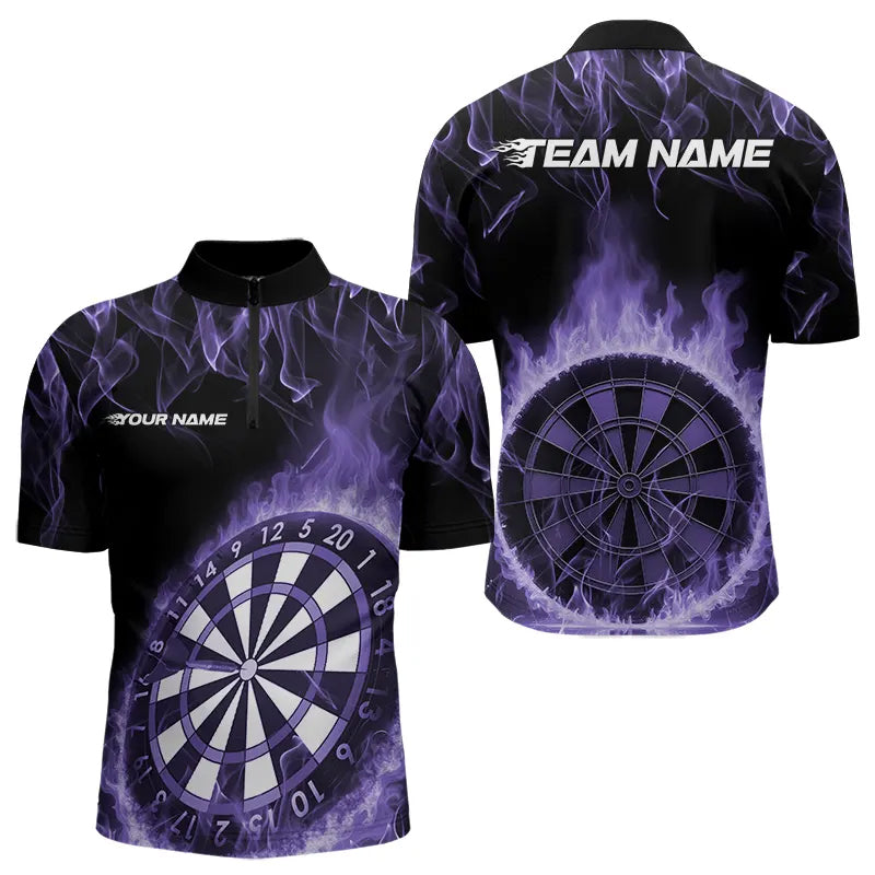 Custom Black And Purple Fire Flame Dartboard Dart Quarter-Zip, Dart Tournament
